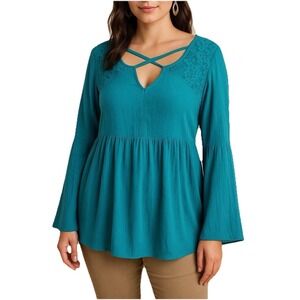 Como Vintage Womens Lace Bell Sleeve Pleated Persia Mint Large Peasant Bohemian